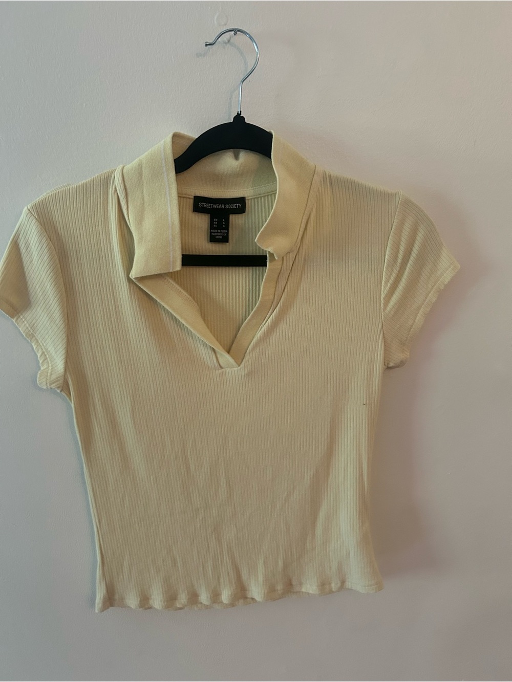 Streetwear Society Women's Pale Cream Ribbed Polo Crop Top